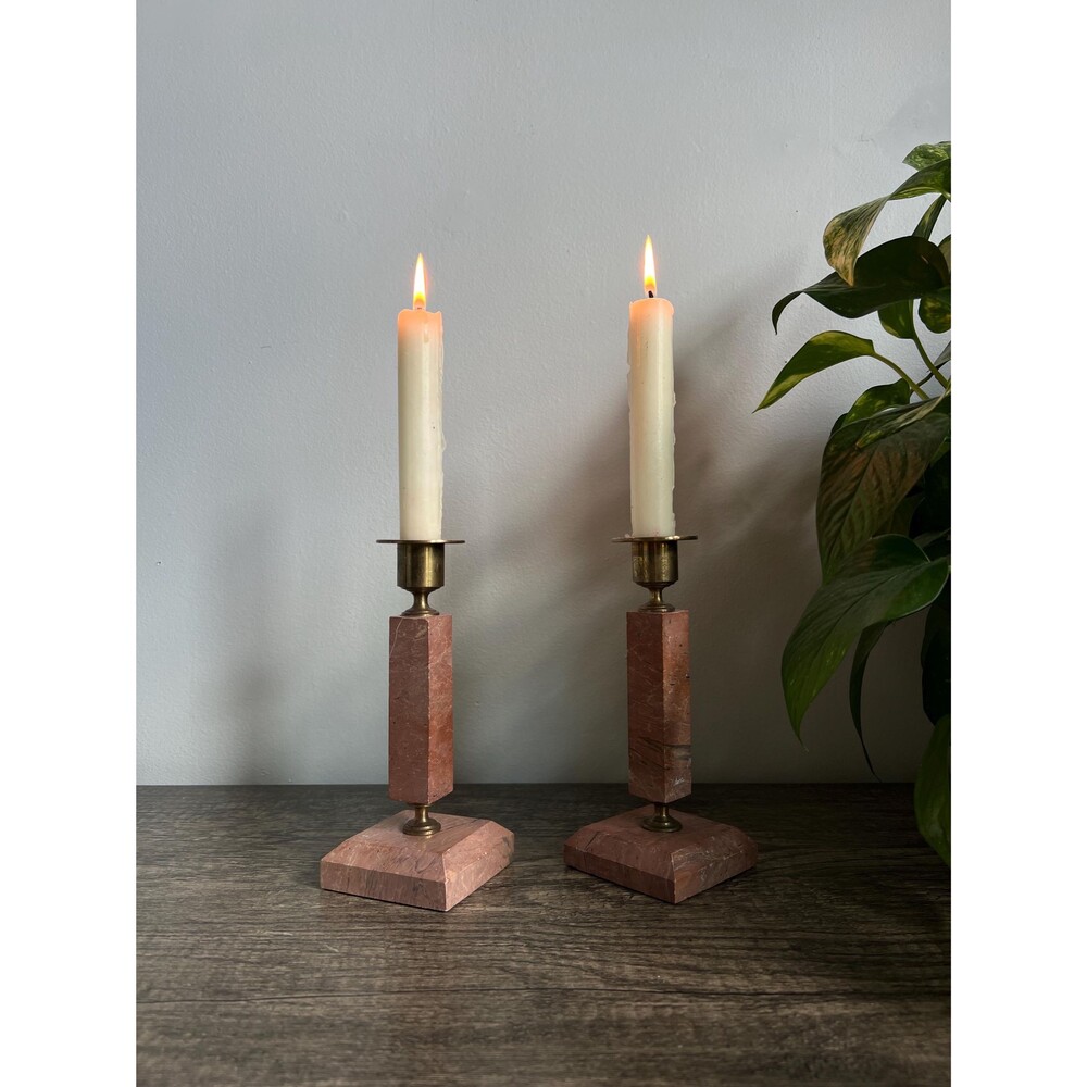 Pair of Vintage Muted Red Marbled Stone with Brass Candle Holders